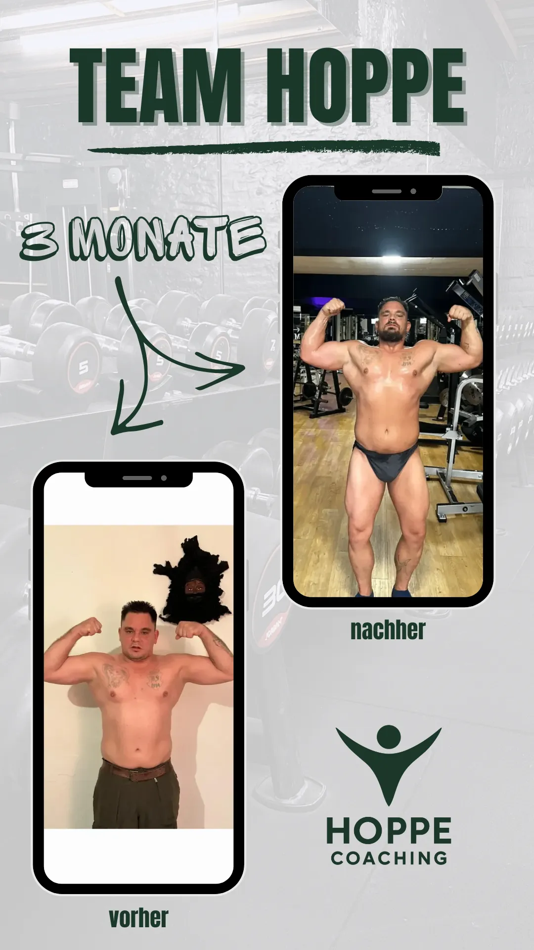 Team Hoppe Vorher-Nachher-Grafik mit dokumentierter Transformation über 3 Monate