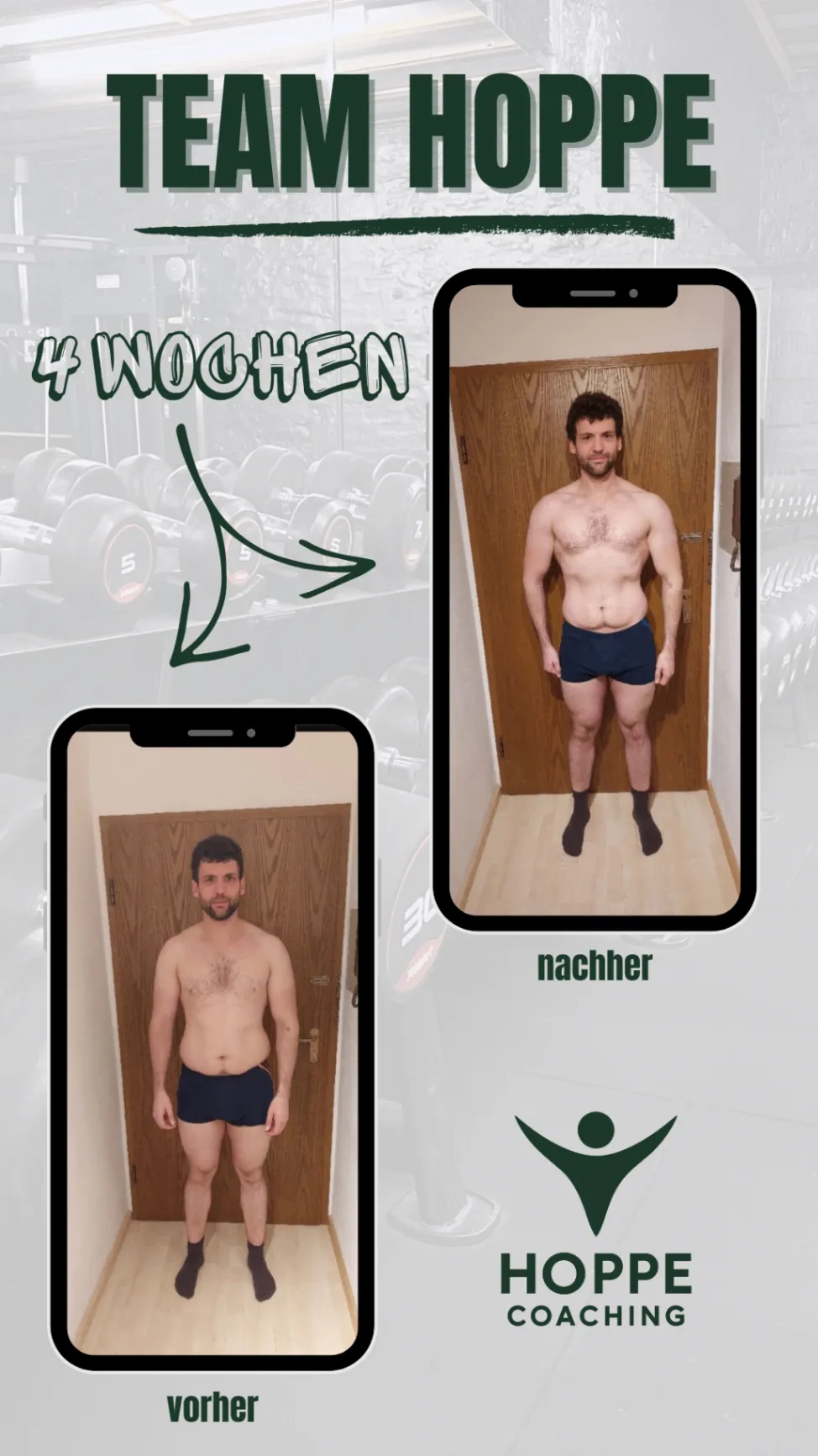 Team Hoppe Vorher-Nachher-Grafik mit dokumentierter Transformation über 4 Wochen