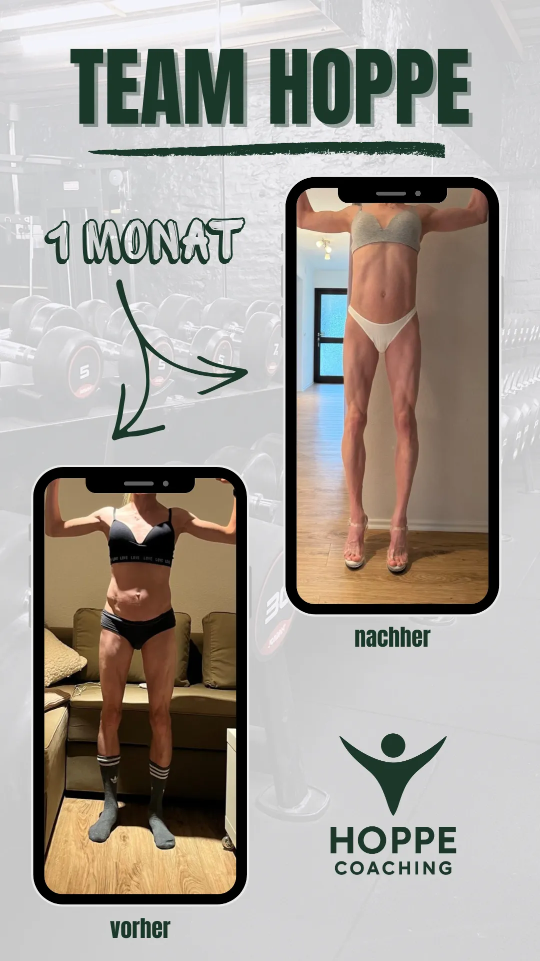 Team Hoppe Vorher-Nachher-Grafik mit dokumentierter Transformation über 1 Monat, Frontansicht