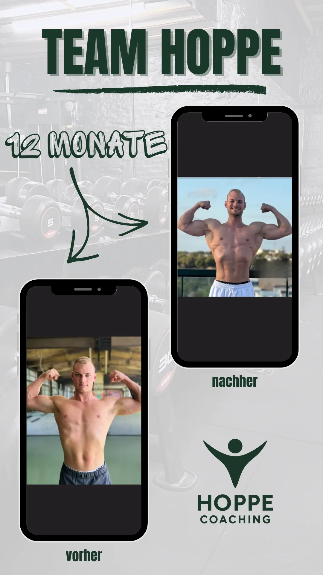 Team Hoppe Vorher-Nachher-Grafik mit dokumentierter Transformation über 12 Monate, Frontansicht