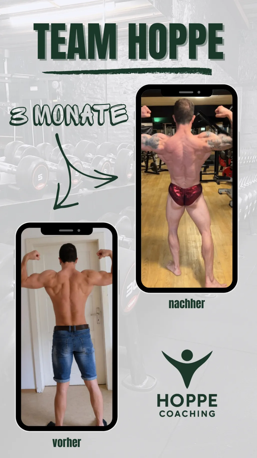 Team Hoppe Vorher-Nachher-Grafik mit dokumentierter Transformation über 3 Monate, Rückenansicht
