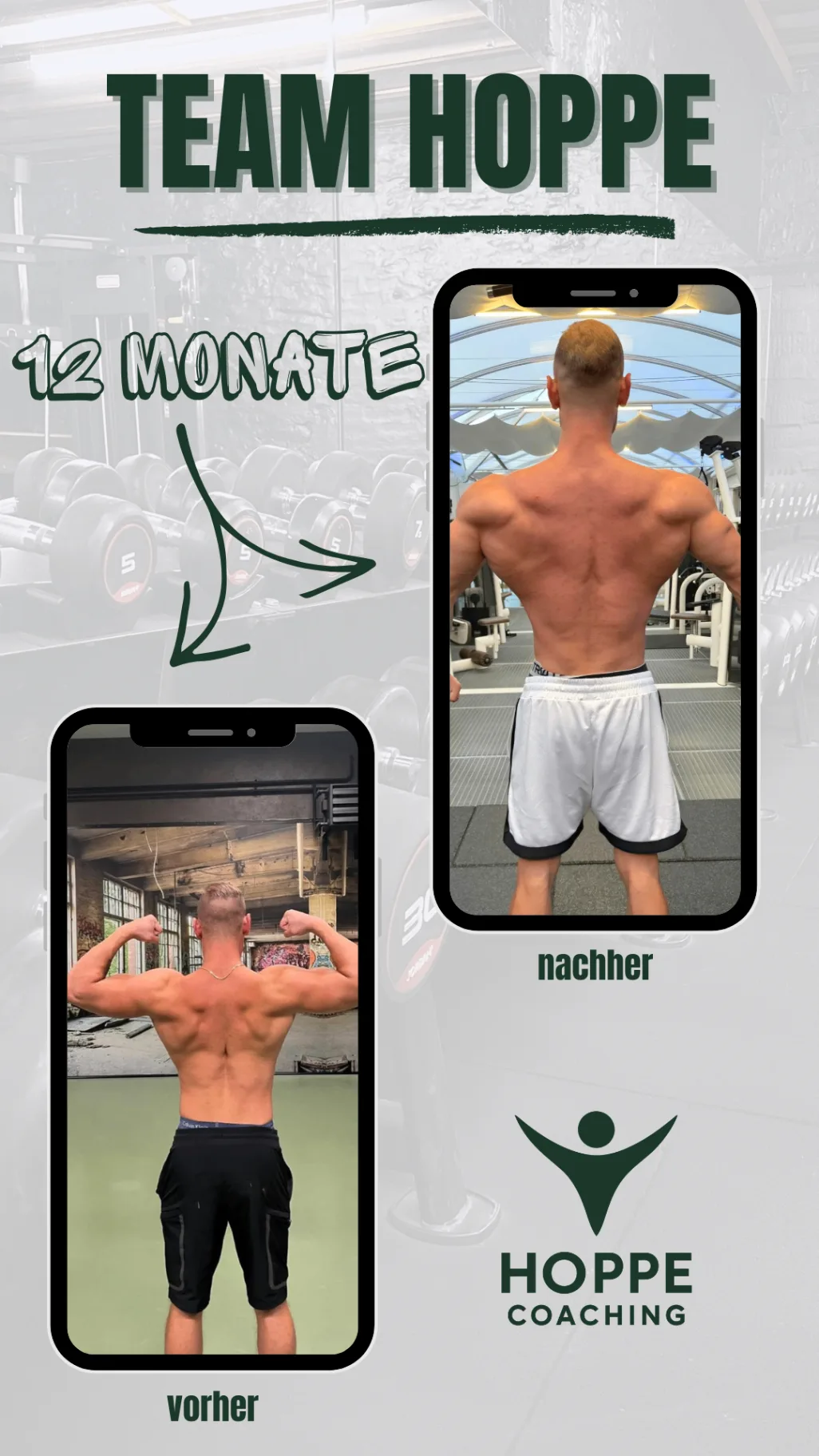 Team Hoppe Vorher-Nachher-Grafik mit dokumentierter Transformation über 12 Monate, Rückenansicht