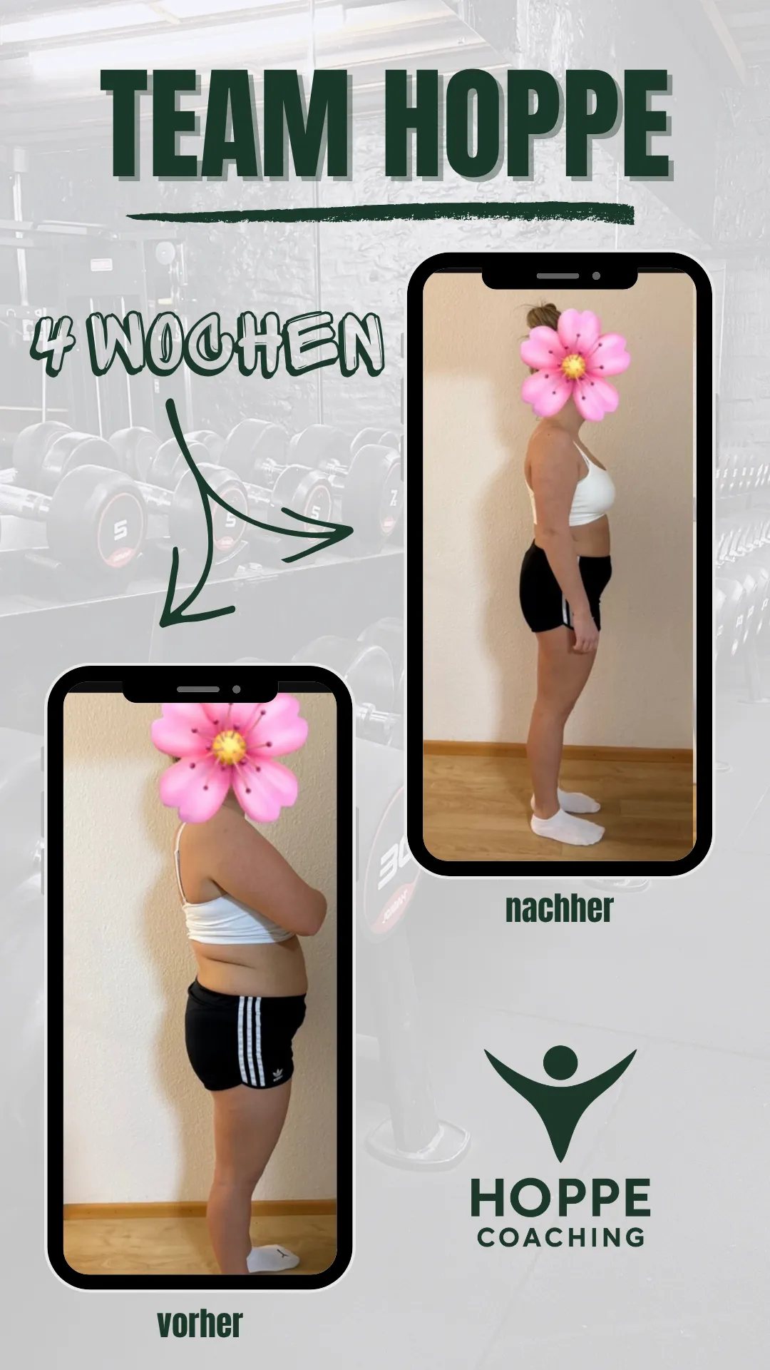 Team Hoppe Vorher-Nachher-Grafik mit dokumentierter Transformation über 4 Wochen, Seitenansicht
