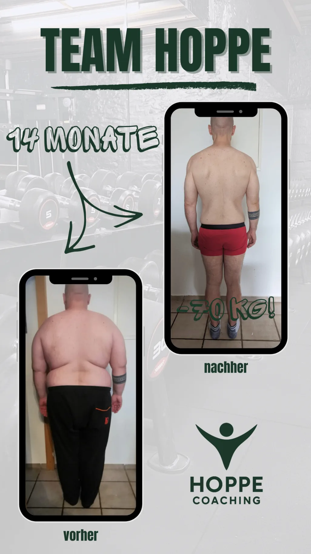 Team Hoppe Vorher-Nachher-Grafik mit Transformation in 14 Monaten und minus 70 Kilogramm, Rückenansicht