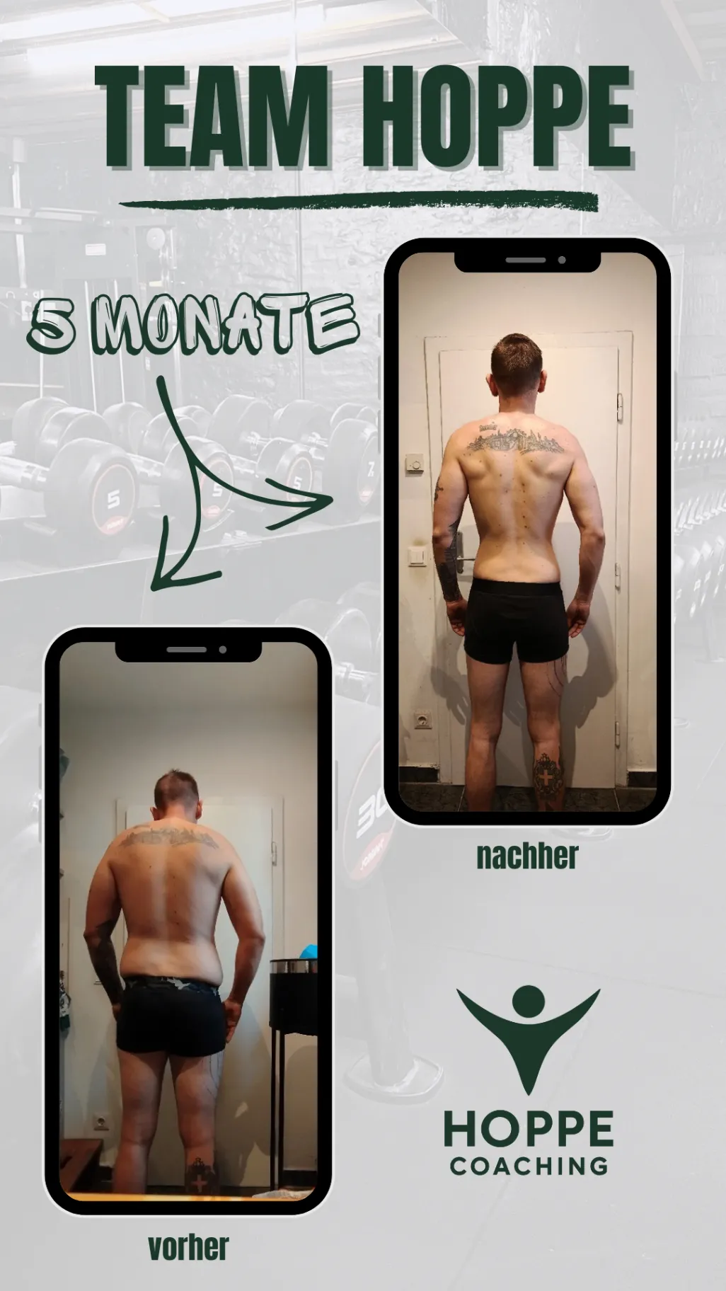 Team Hoppe Vorher-Nachher-Grafik mit dokumentierter Transformation über 5 Monate, Rückenansicht