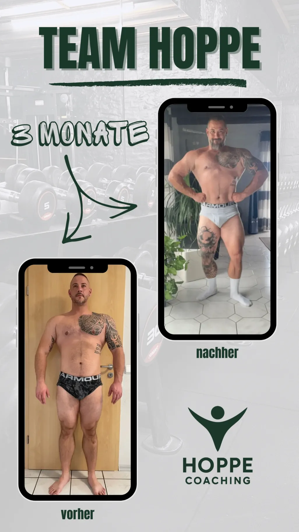 Team Hoppe Vorher-Nachher-Grafik mit dokumentierter Transformation über 3 Monate, Frontansicht
