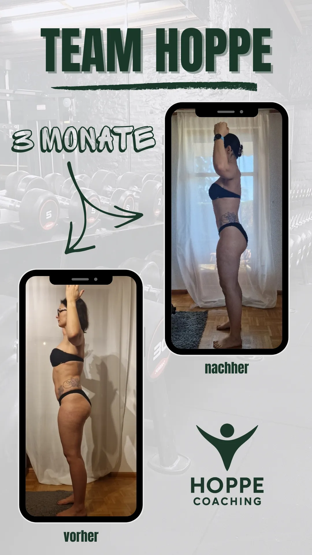 Team Hoppe Vorher-Nachher-Grafik mit dokumentierter Transformation über 3 Monate, Seitenansicht