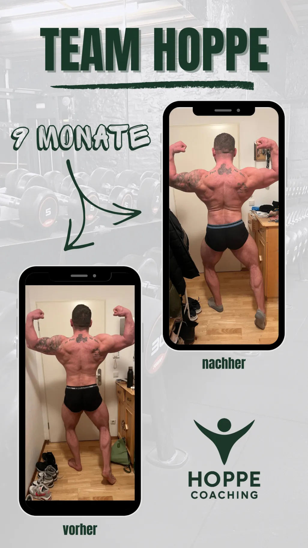 Team Hoppe Vorher-Nachher-Grafik mit dokumentierter Transformation über 9 Monate, Rückenansicht
