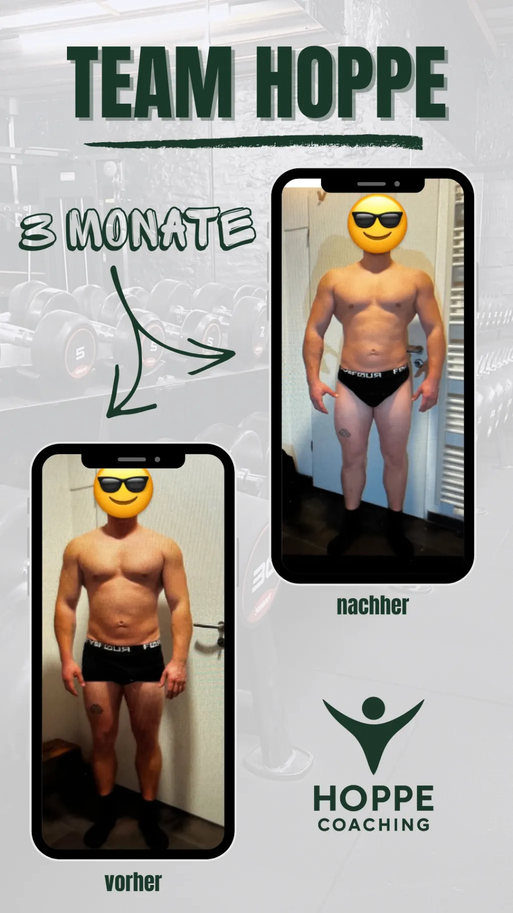 Team Hoppe Vorher-Nachher-Grafik mit dokumentierter Transformation über 3 Monate