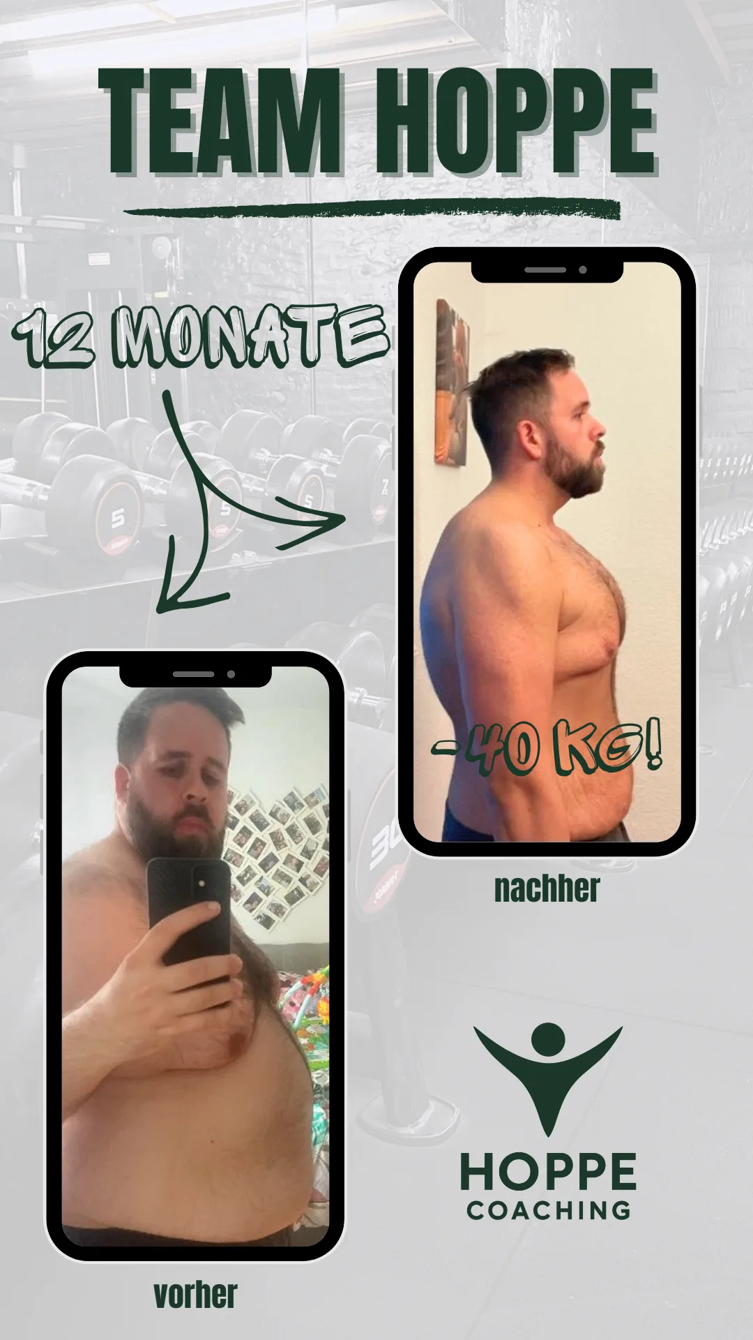 Team Hoppe Vorher-Nachher-Grafik mit Transformation in 12 Monaten und minus 40 Kilogramm, Seitenansicht