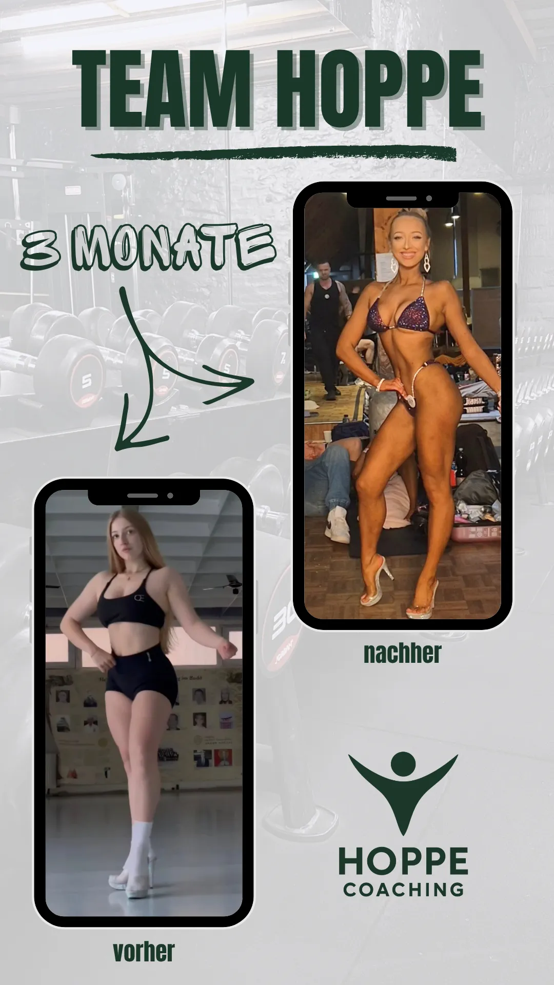 Team Hoppe Vorher-Nachher-Grafik mit dokumentierter Transformation über 3 Monate, Bühnenform