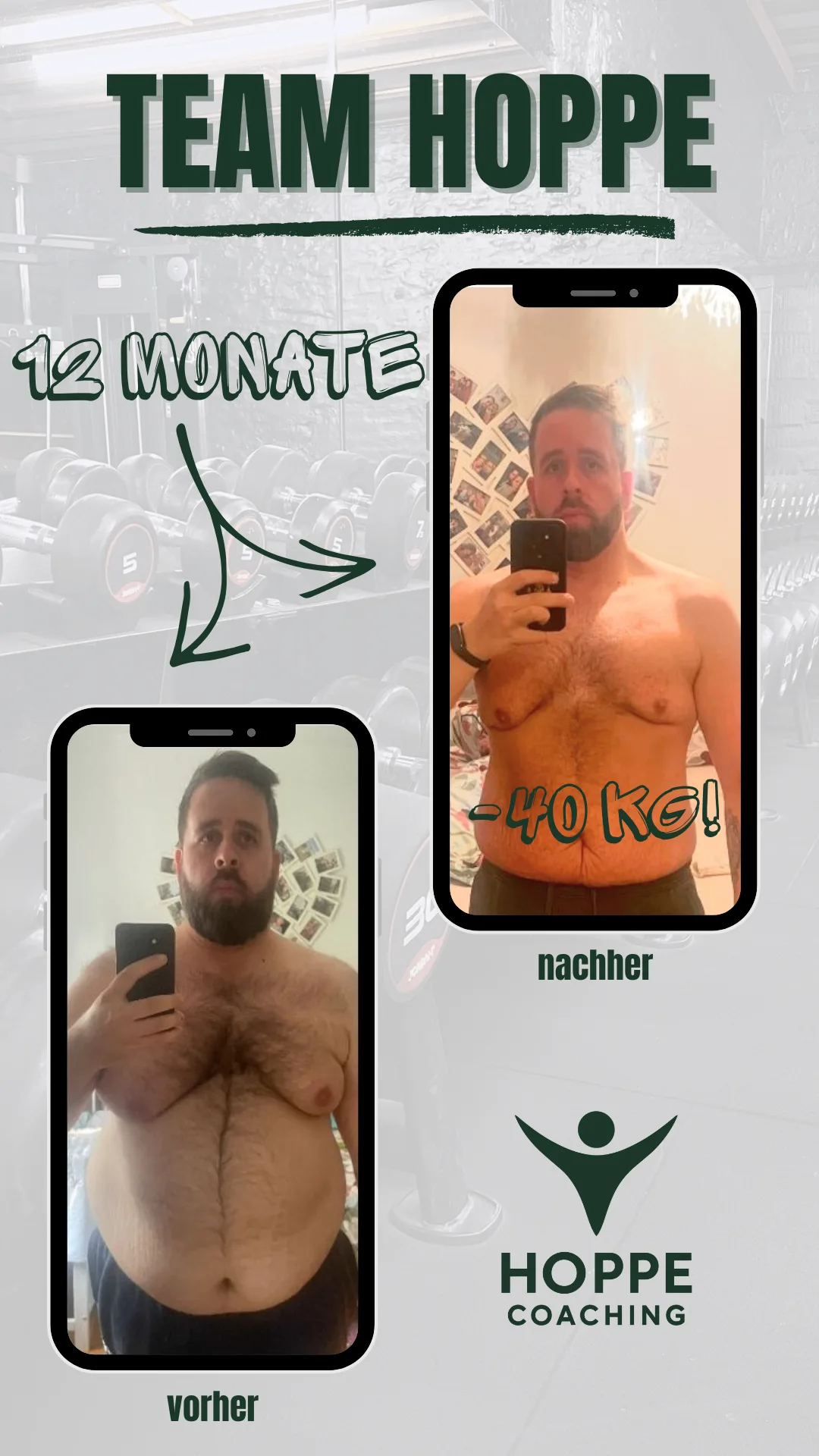 Team Hoppe Vorher-Nachher-Grafik mit Transformation in 12 Monaten und minus 40 Kilogramm, Frontansicht