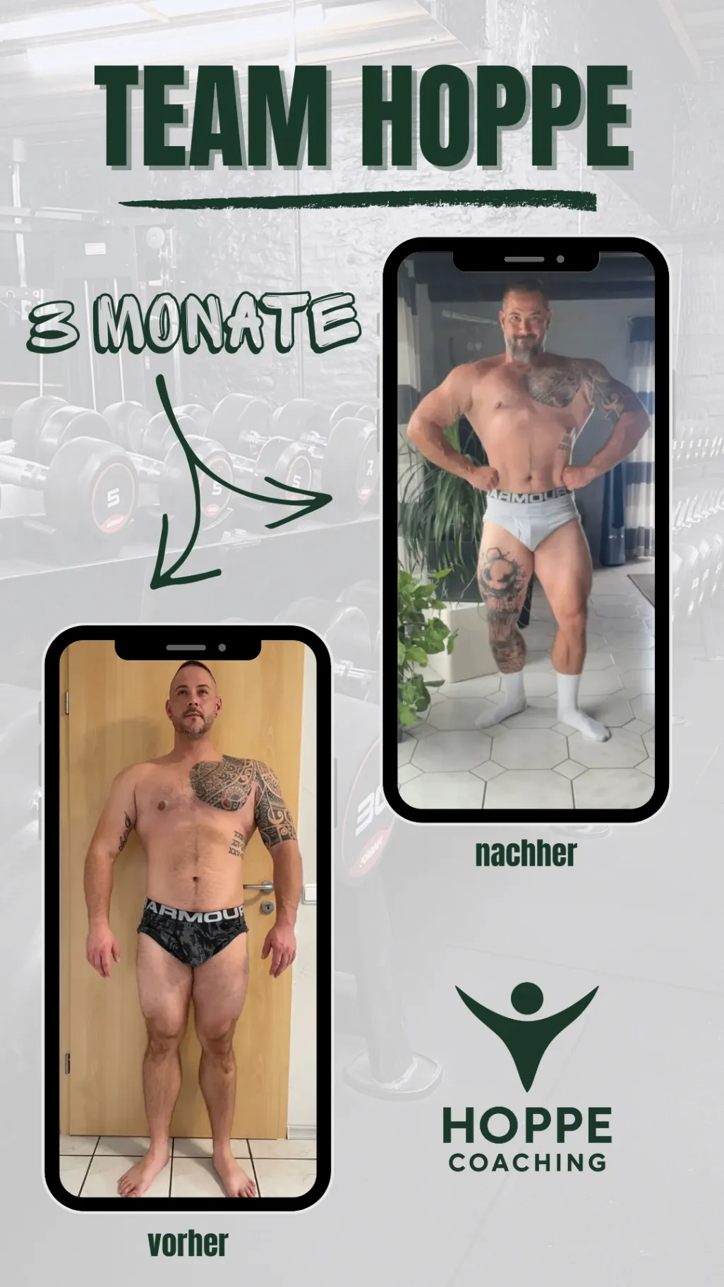 Team Hoppe Vorher-Nachher-Grafik mit dokumentierter Transformation über 3 Monate, alternative Frontansicht